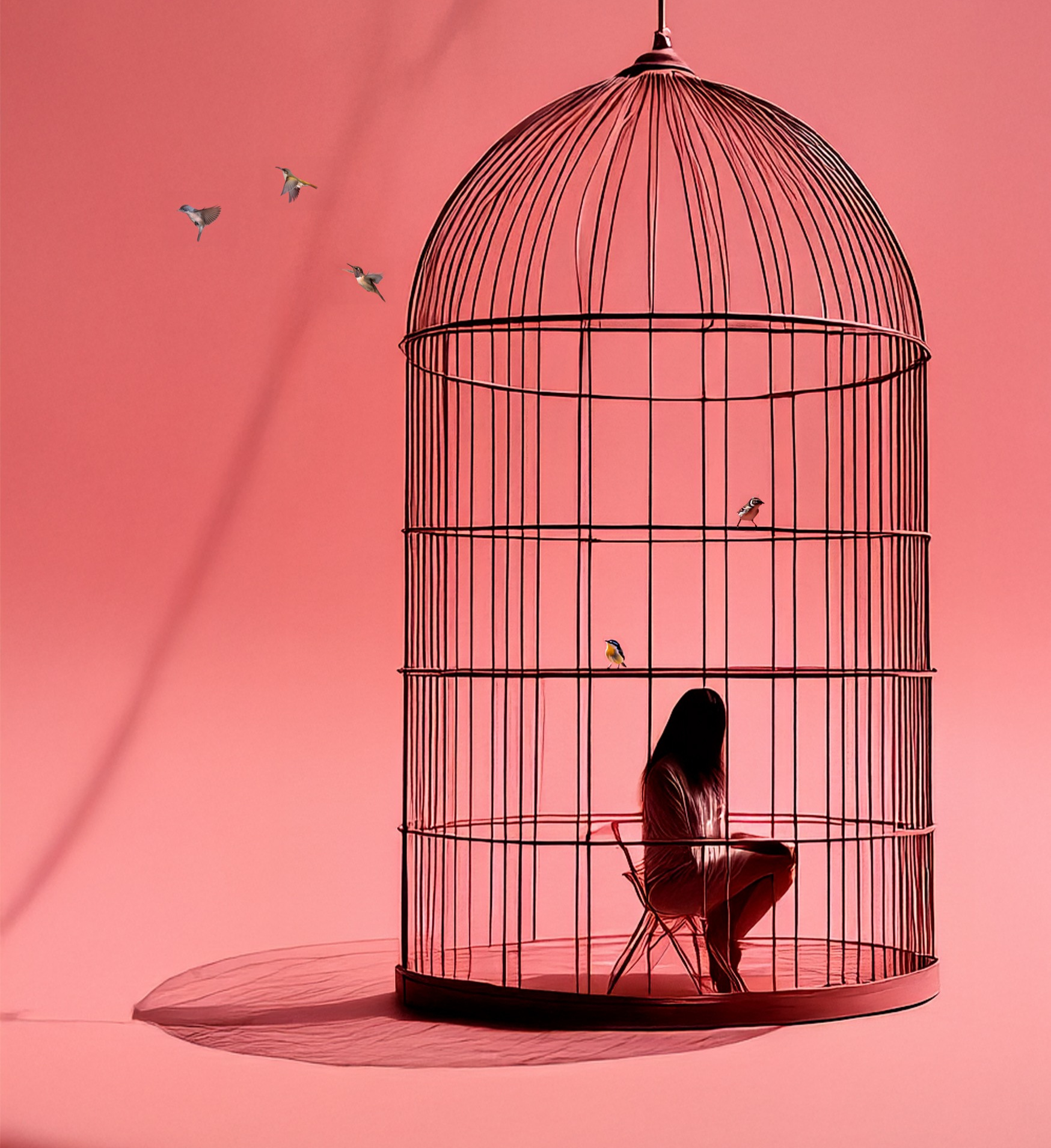 A woman seated inside a birdcage in the official Positive Risk artwork.
